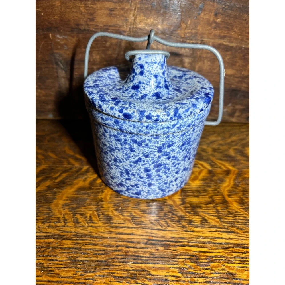 Vintage Pine River Blue Spongeware Stoneware Crock with Lid and Wire Bale Handle